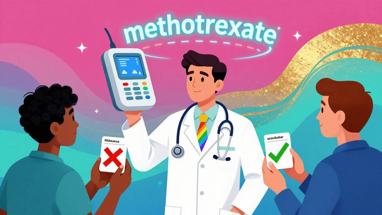 A pharmacist guiding patients with safe vs. unsafe painkillers under a glowing device.