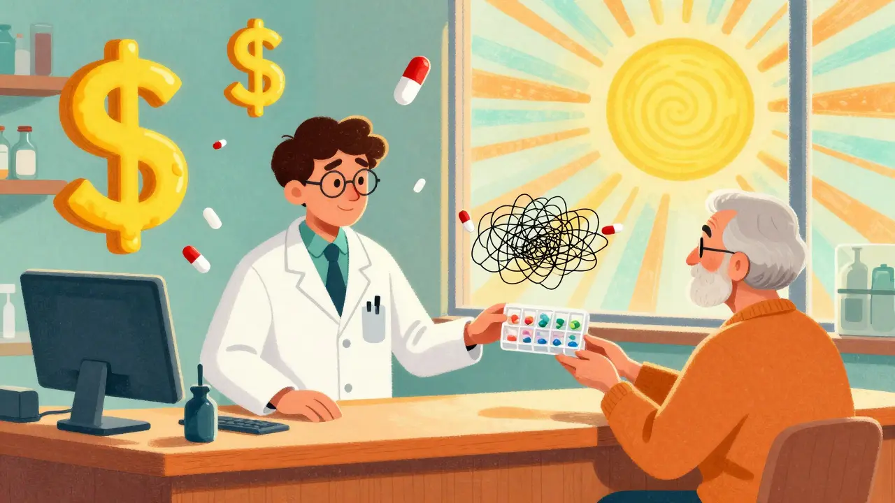 A pharmacist handing a simple pill box to an older patient, with dollar signs melting into pills and warm light symbolizing practical solutions.