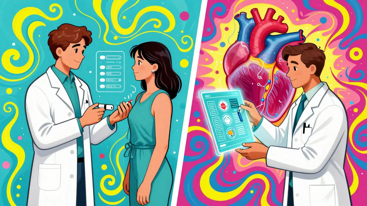 A pharmacist prescribes birth control and adjusts insulin dose amid glowing health data streams in psychedelic colors.