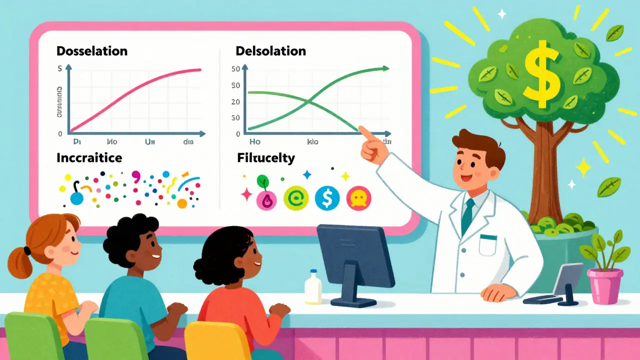 A pharmacist shows a colorful infographic about generics at a pharmacy counter with smiling patients.