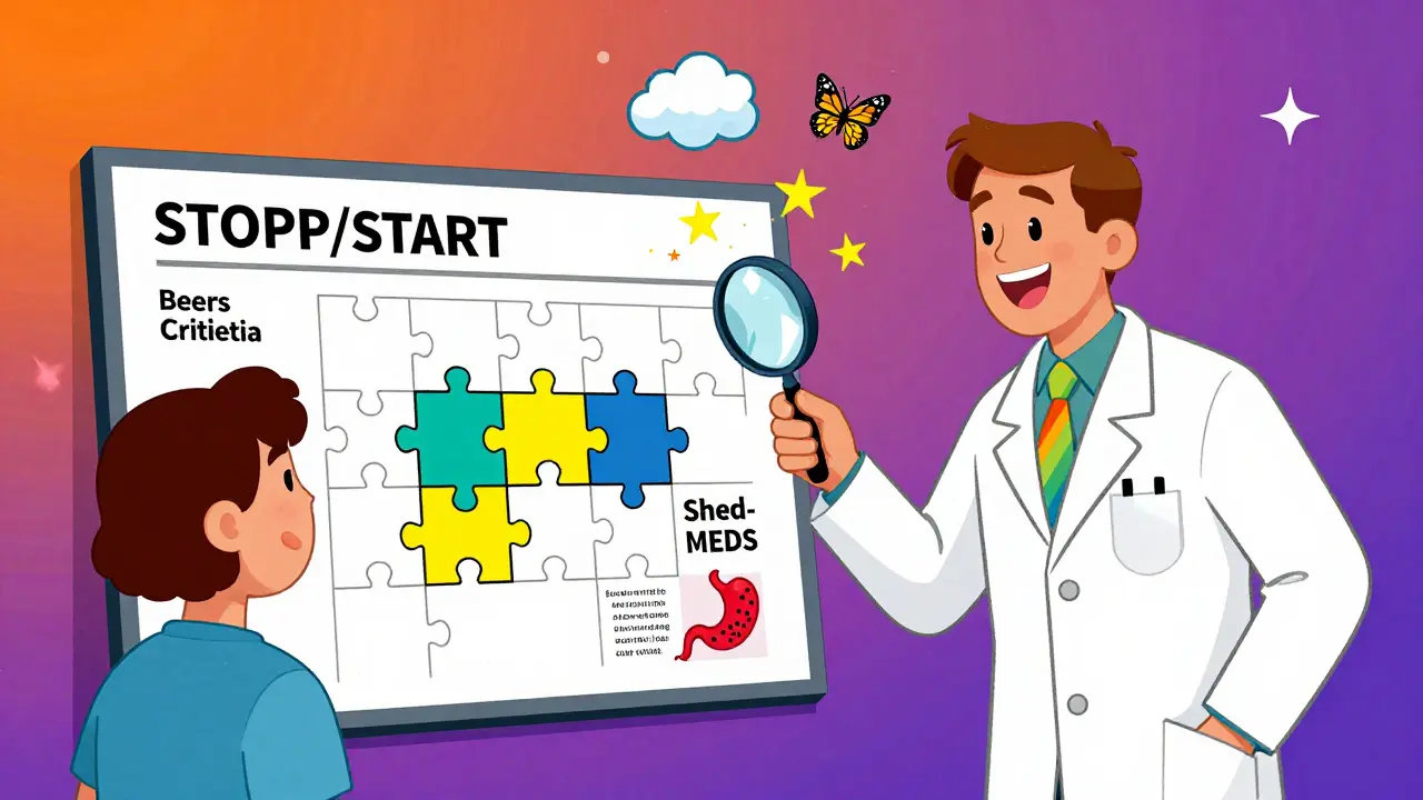 A pharmacist uses a magnifying glass on a transforming medication chart, with risky symbols turning into butterflies.