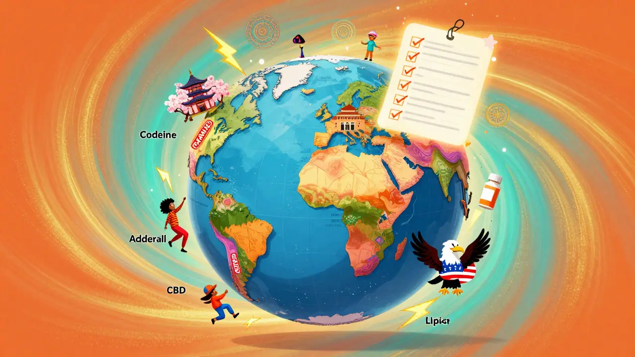 A psychedelic globe with countries marked as banned for medications, tiny travelers dodging warning lightning bolts, and floating checkmarks.