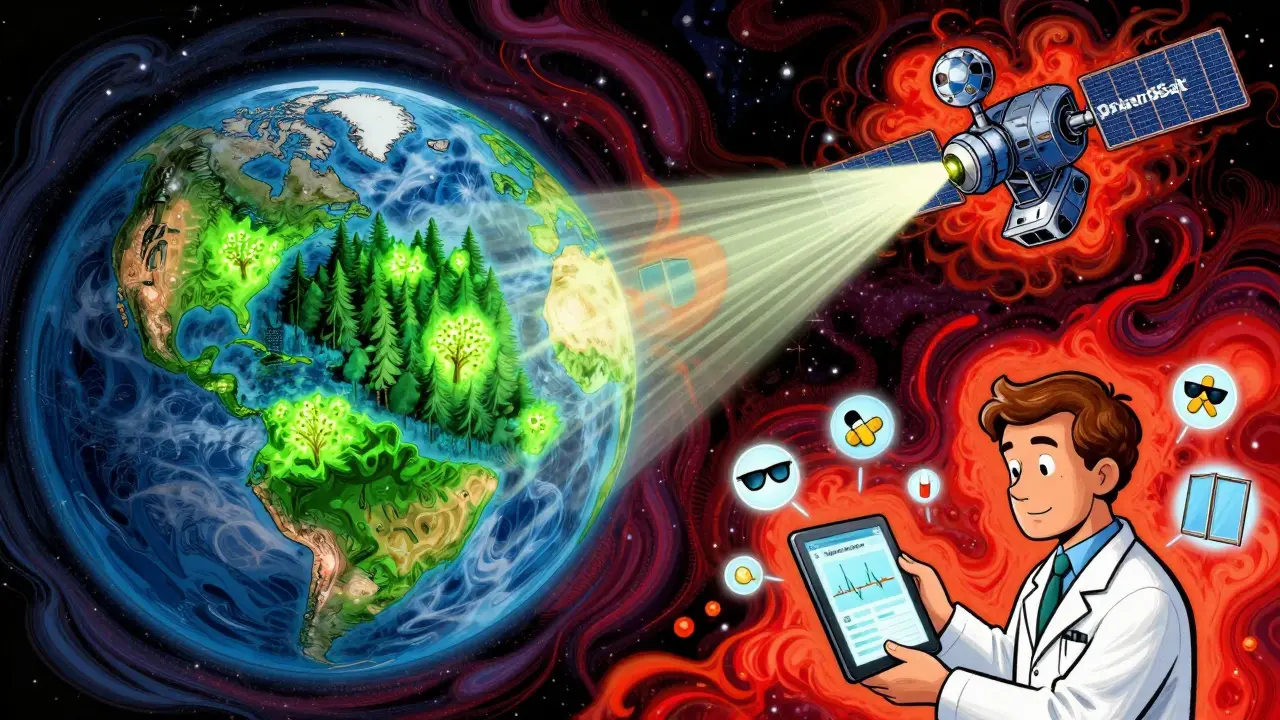 A satellite scanning Earth to map pollen hotspots, syncing with health data on a tablet in a vibrant cosmic scene.