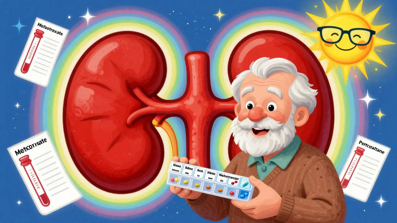 An elderly patient with pills and a giant warning kidney sign in rainbow swirls.