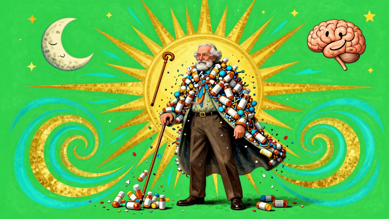 An older adult sheds a cloak of pills that turn to confetti, surrounded by symbols of health and energy.