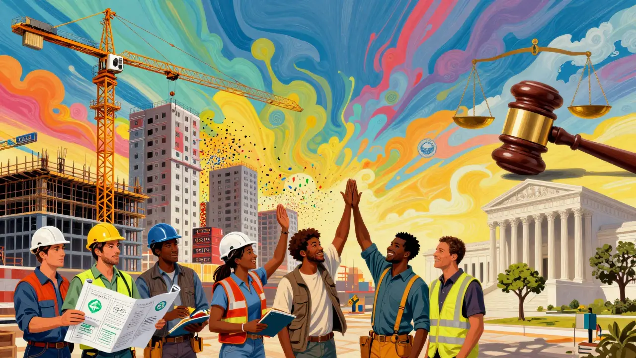 Construction site in California with CEQA barriers dissolving into confetti under a colorful sky