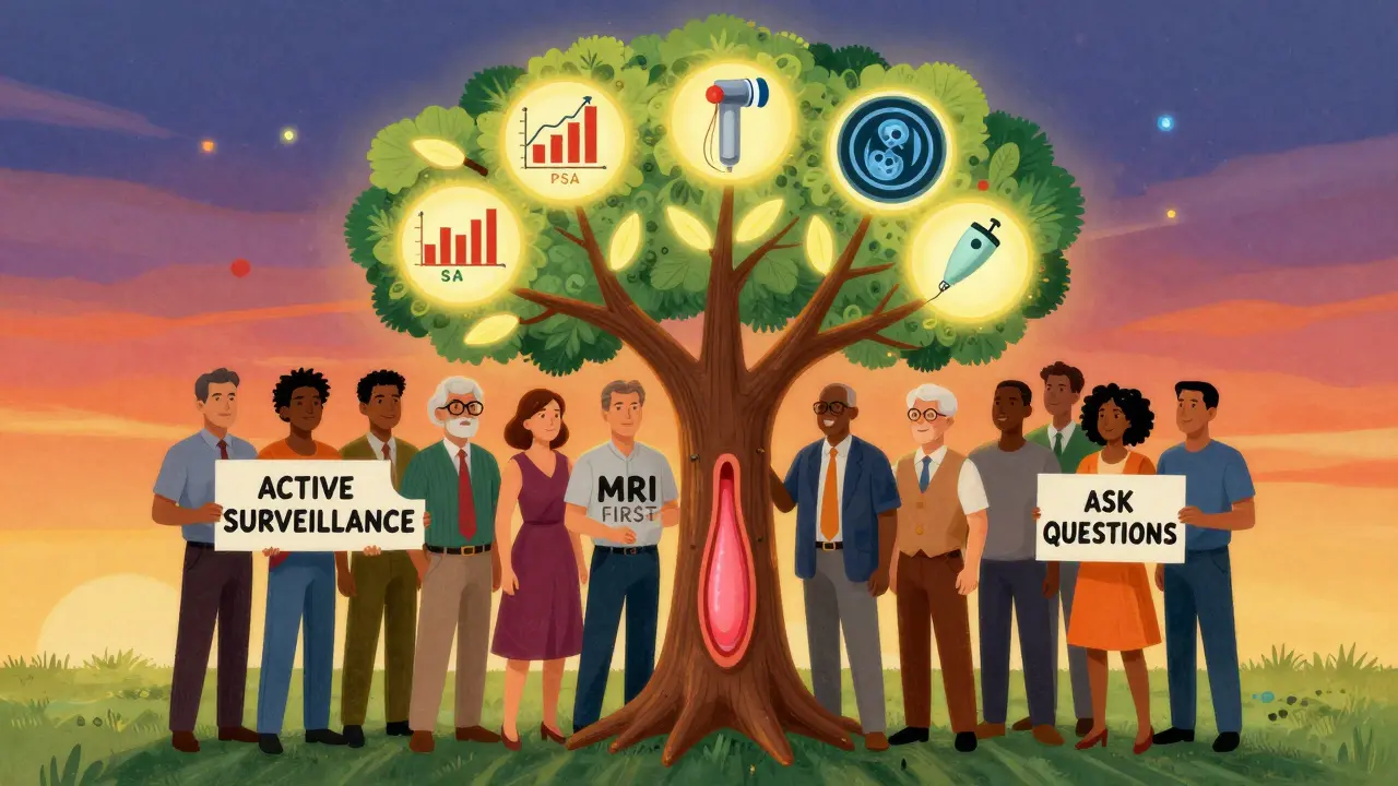 Diverse men standing under a prostate-shaped tree with medical icons glowing above them