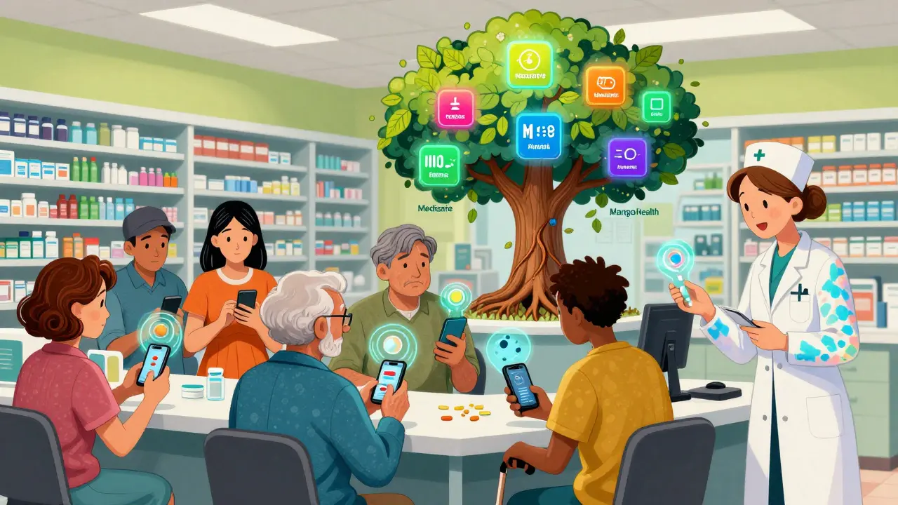 Diverse patients scan pills at a pharmacy, with colorful holograms of side effects floating above, connected to a digital tree labeled Medisafe and Mango Health.
