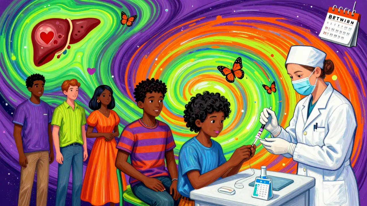 Diverse people in a clinic receive HCV tests and clean needles amid swirling cosmic patterns and floating liver icons.