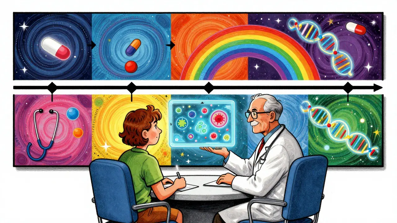 Doctor and patient beside a colorful timeline mural with holograms of immune cells and pills.