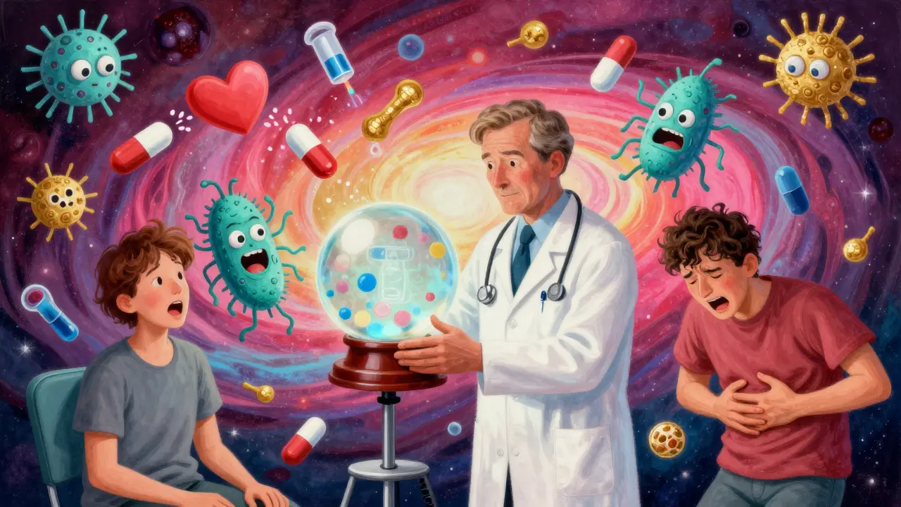 Doctor holding a glowing stool sample as animated microbes interact with medications around a patient