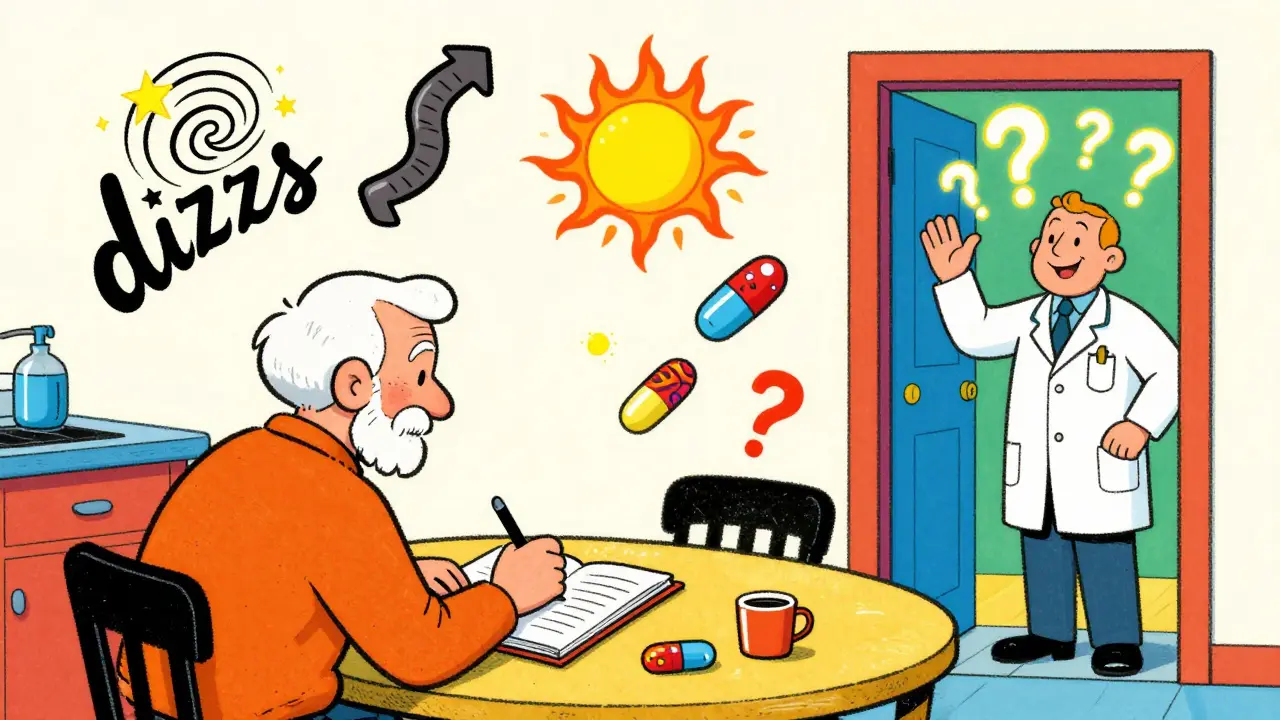 Elderly person writing symptoms at table with floating medical icons