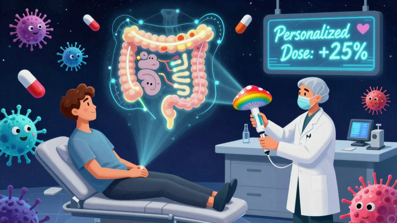 Futuristic clinic with holographic microbiome map and scientist administering personalized probiotics