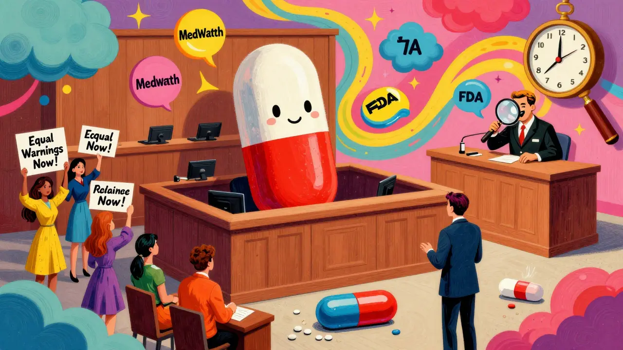 Generic pill on trial beside brand-name pill, patient advocates and FDA judge in vibrant pop-art courtroom.