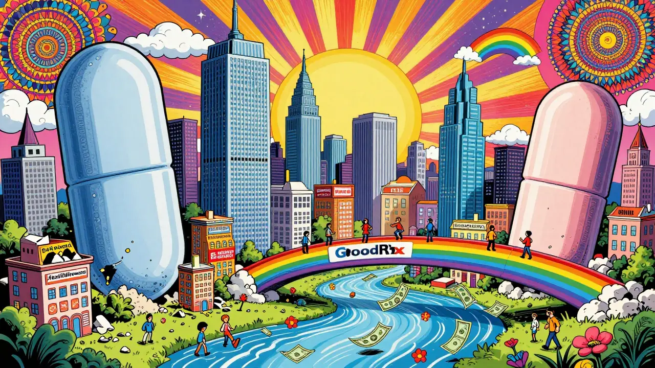 Giant generic pills as skyscrapers overshadowing crumbling brand-name buildings in a vibrant city.