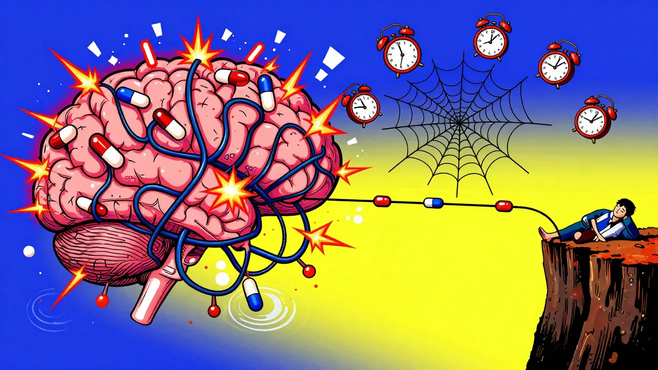 One brain shows chaotic GABA overload, the other has a cracking pathway as a sleepwalker walks a cliff, all in vibrant Peter Max art style.