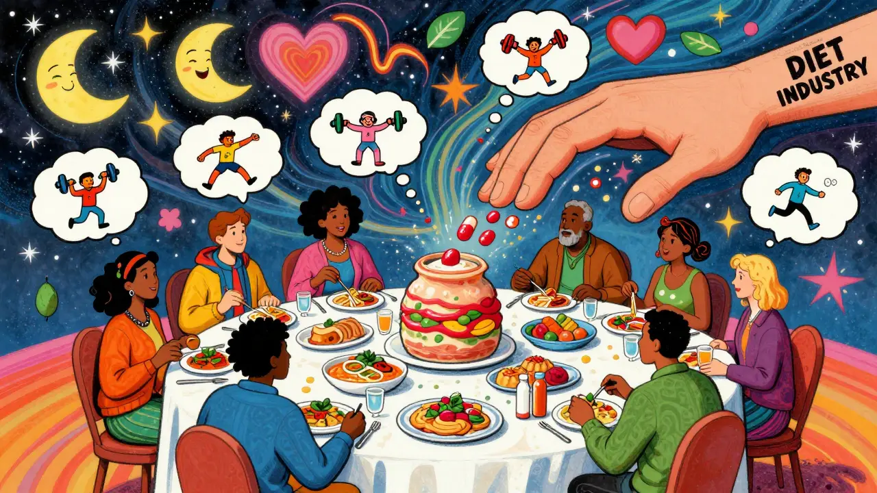 People eating healthy meals with thought bubbles of sleep and movement, rejecting diet fads.