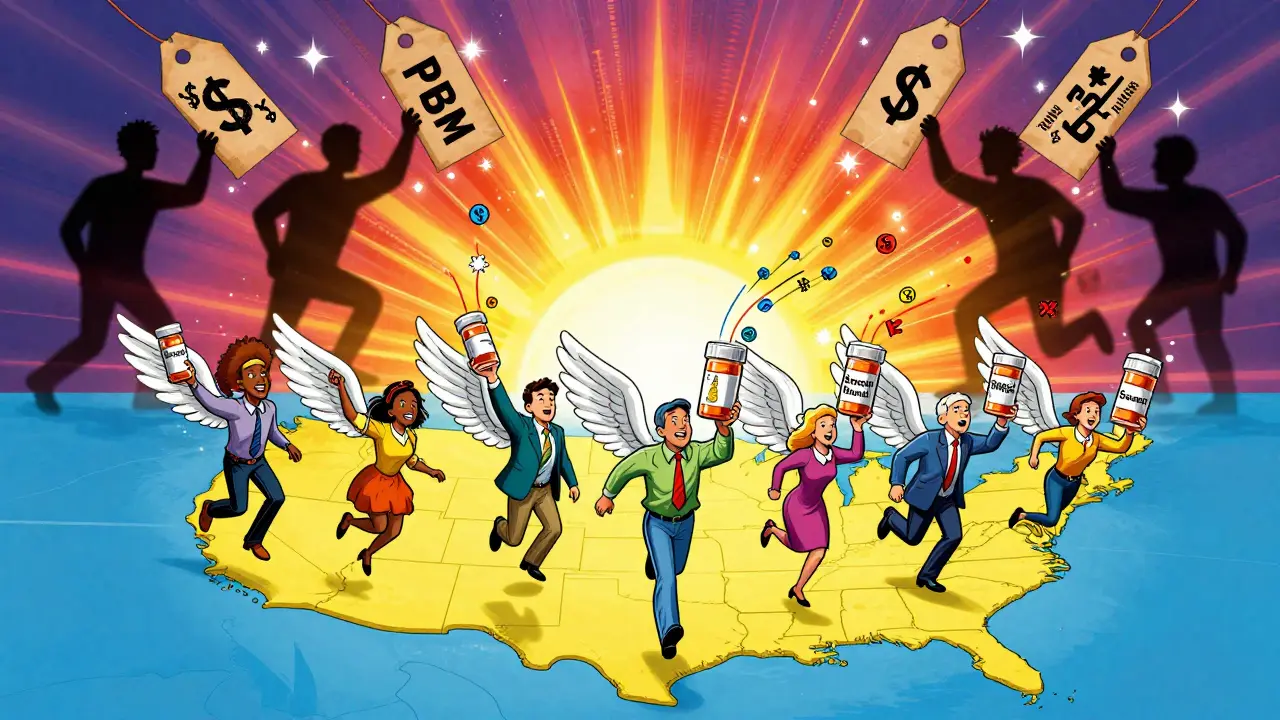 People flying with prescription bottles as wings, leaving trails of savings symbols over a U.S. map.