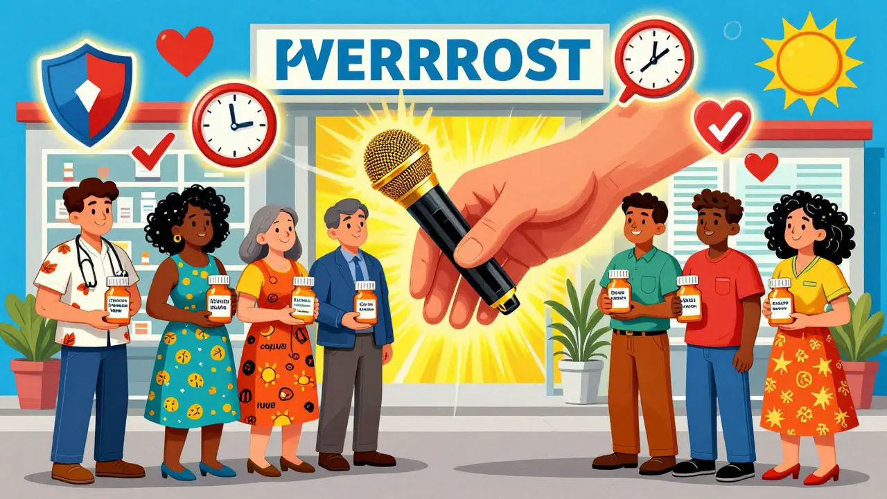 People of many backgrounds hold translated pill bottles as a golden interpreter microphone glows at the center of a vibrant pharmacy mural.