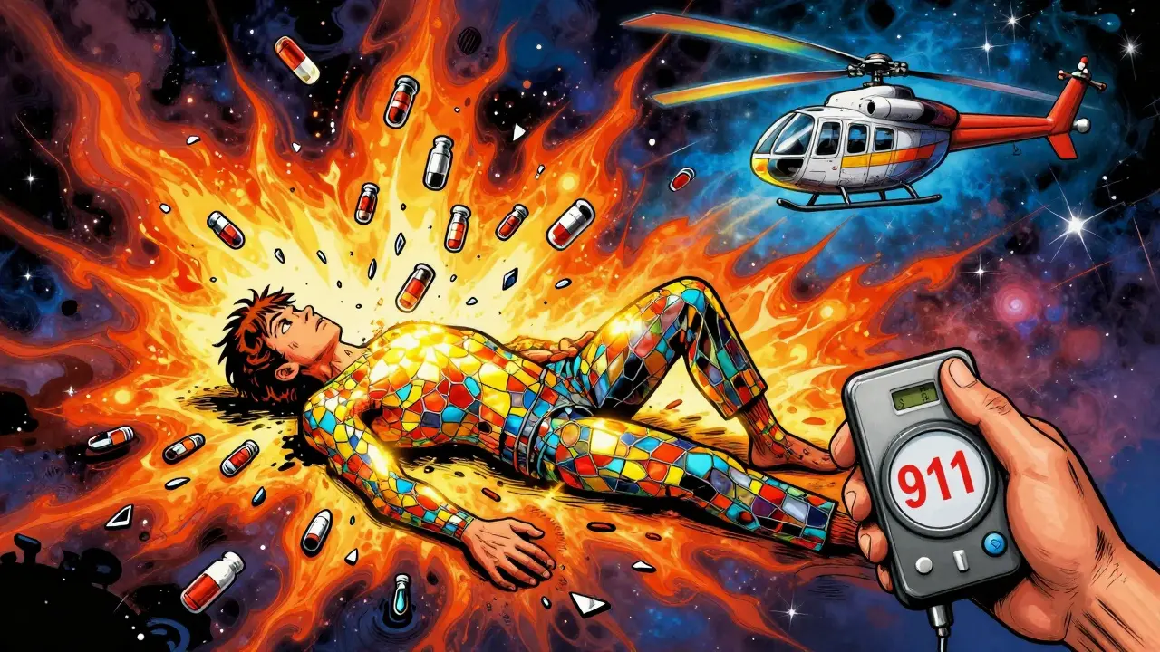 Person collapsing with spreading rash as helicopter flies toward them