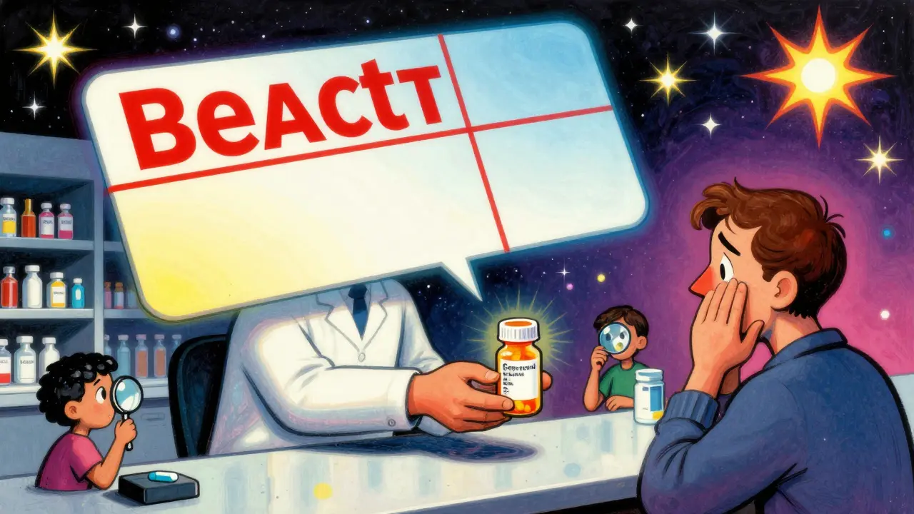 Pharmacist giving a generic pill bottle while a split warning label floats above, rendered in psychedelic style.