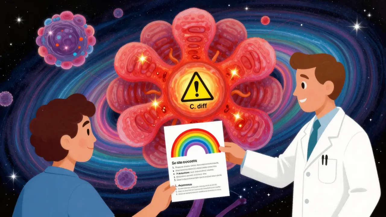 Pharmacist giving rainbow guide as gut microbiome blooms like a cosmic flower with glowing probiotics.