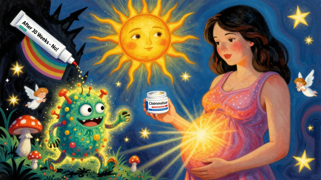 Pregnant woman with antifungal cream as dancing mushrooms chase yeast, protected by a rainbow shield.