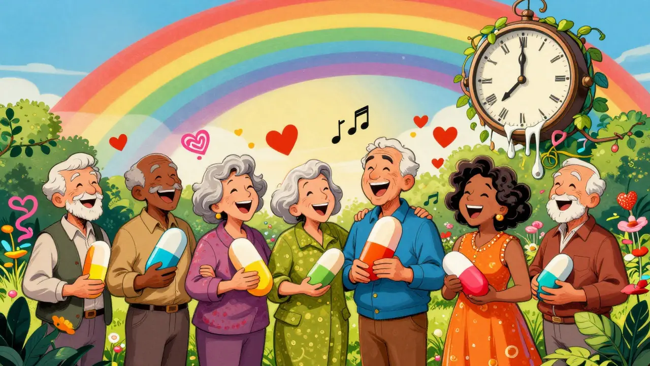 Seniors celebrate with combination pills in a garden, surrounded by floating hearts and rainbow swirls.