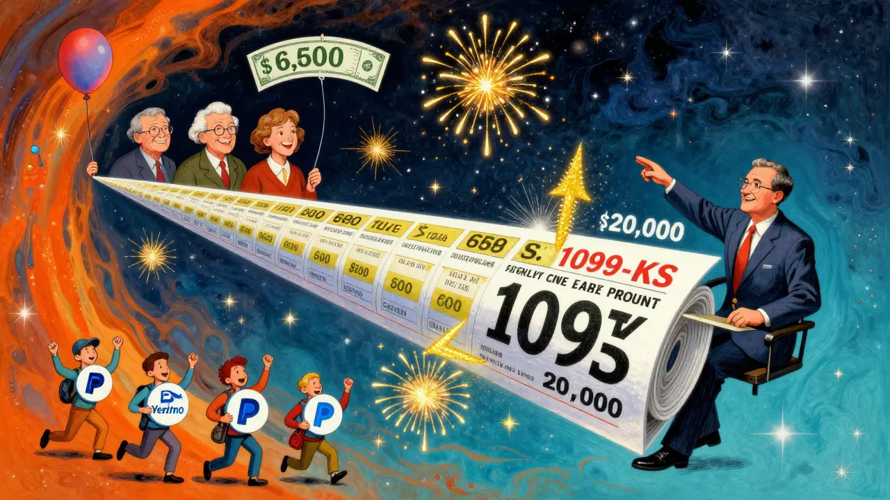 Tax auditor in space beside a shrinking 1099-K form with retirees and freelancers below