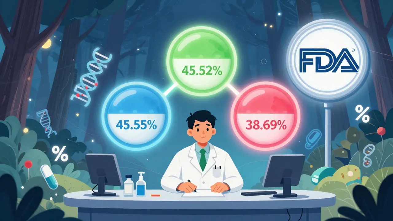 Three glowing generic pills in South Korea with quality tiers, surrounded by fading drug logos.