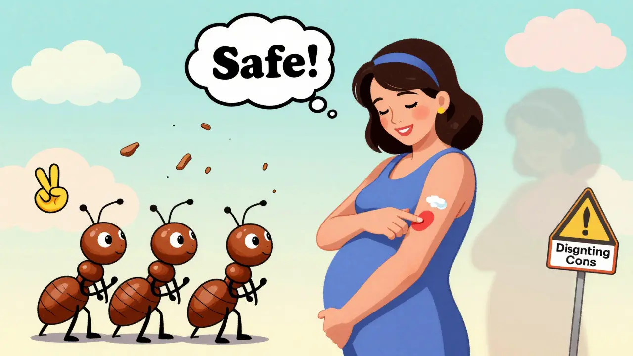 Woman using mild hydrocortisone cream as playful ants remove itch flakes, with warning shadows fading away.