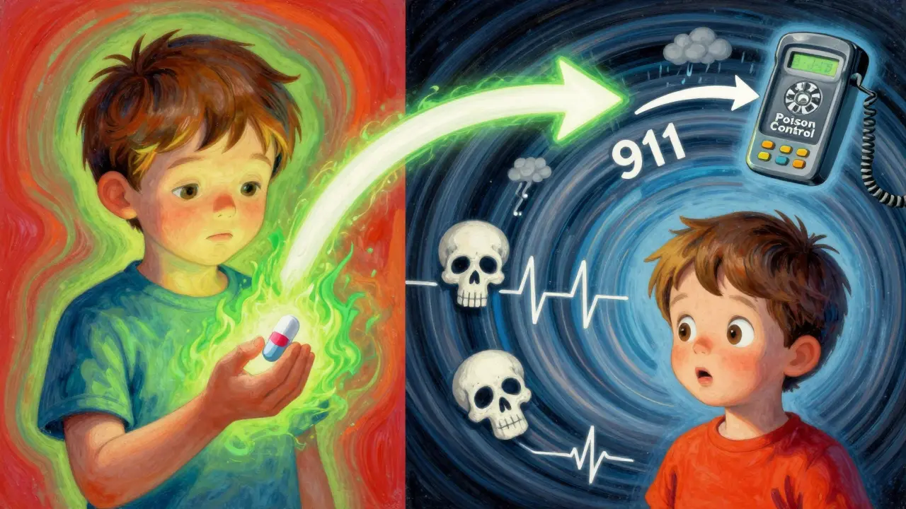 A child holding a pill with two contrasting outcomes: calm vs. danger, with arrows pointing to Poison Control or 911.