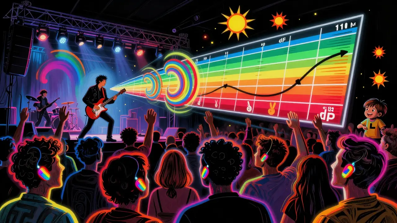 A concert crowd wearing rainbow earplugs as sound waves radiate from a guitarist in psychedelic colors.
