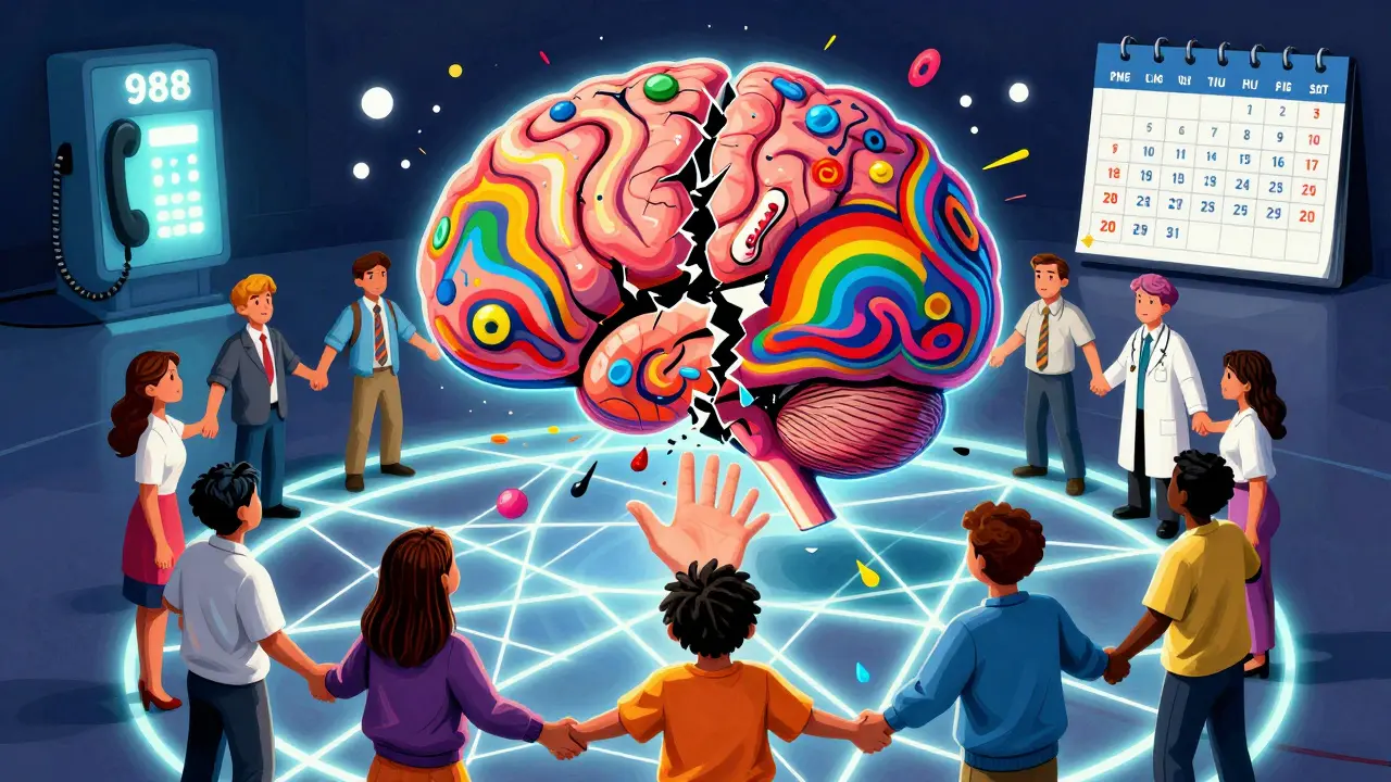 A fractured brain with swirling neurotransmitters is surrounded by a protective circle of caregivers, with a glowing 988 helpline in the distance.