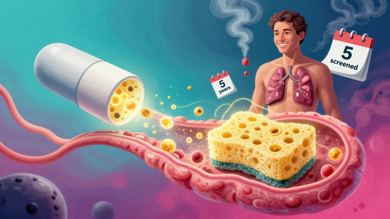 A glowing Cytosponge pill collecting esophageal cells while weight falls and smoke clears, in a cosmic, colorful scene.
