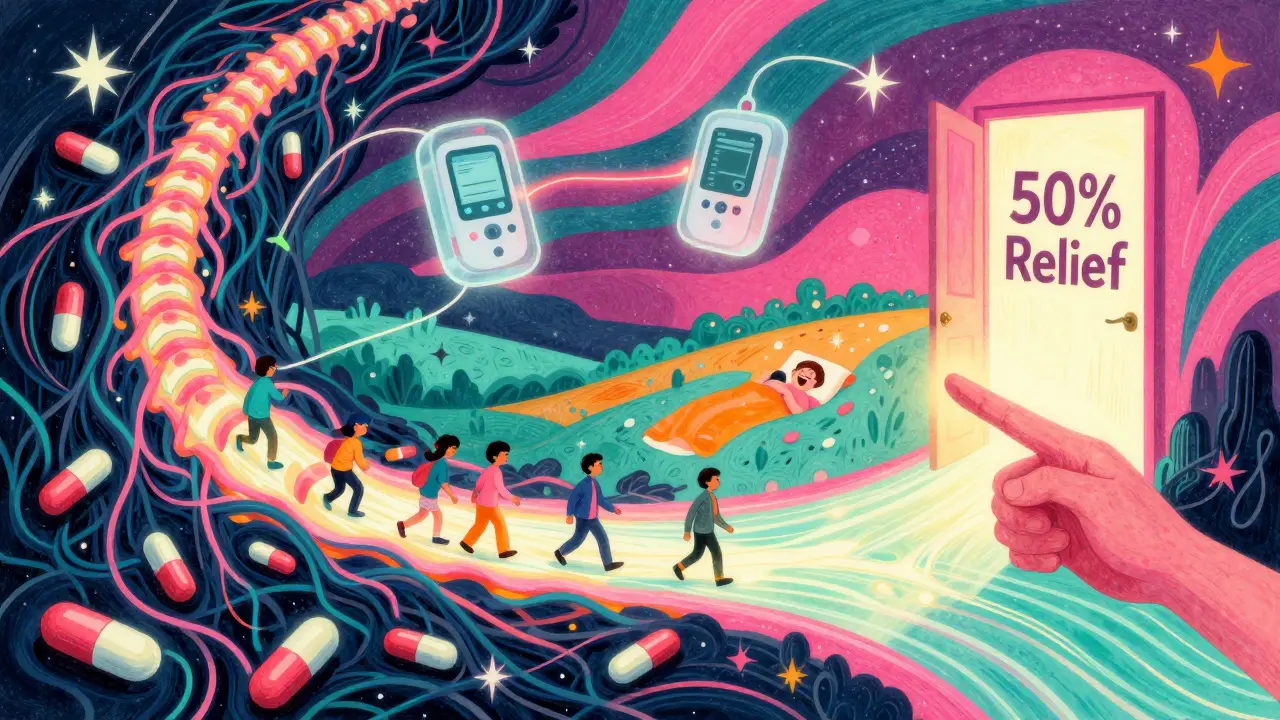 A glowing spinal cord river leading patients from pain to relief, with floating medical devices and a glowing door labeled '50% Relief'.