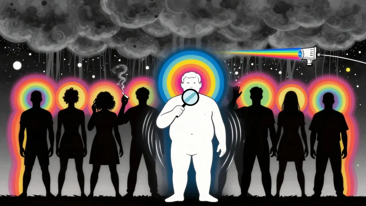 A high-risk man over 50 surrounded by symbols of obesity, smoking, and hoarseness, with a rainbow endoscope shining nearby.