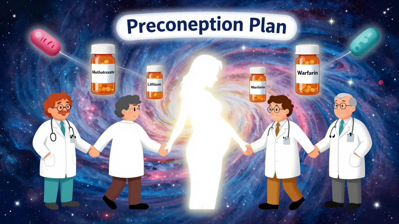 A medical team passing risky medications through a portal to transform them into safer alternatives during preconception planning.