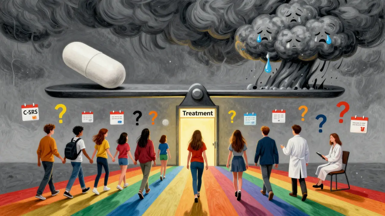 A scale balances a pill against a storm cloud, while teens walk toward treatment guided by supportive figures.