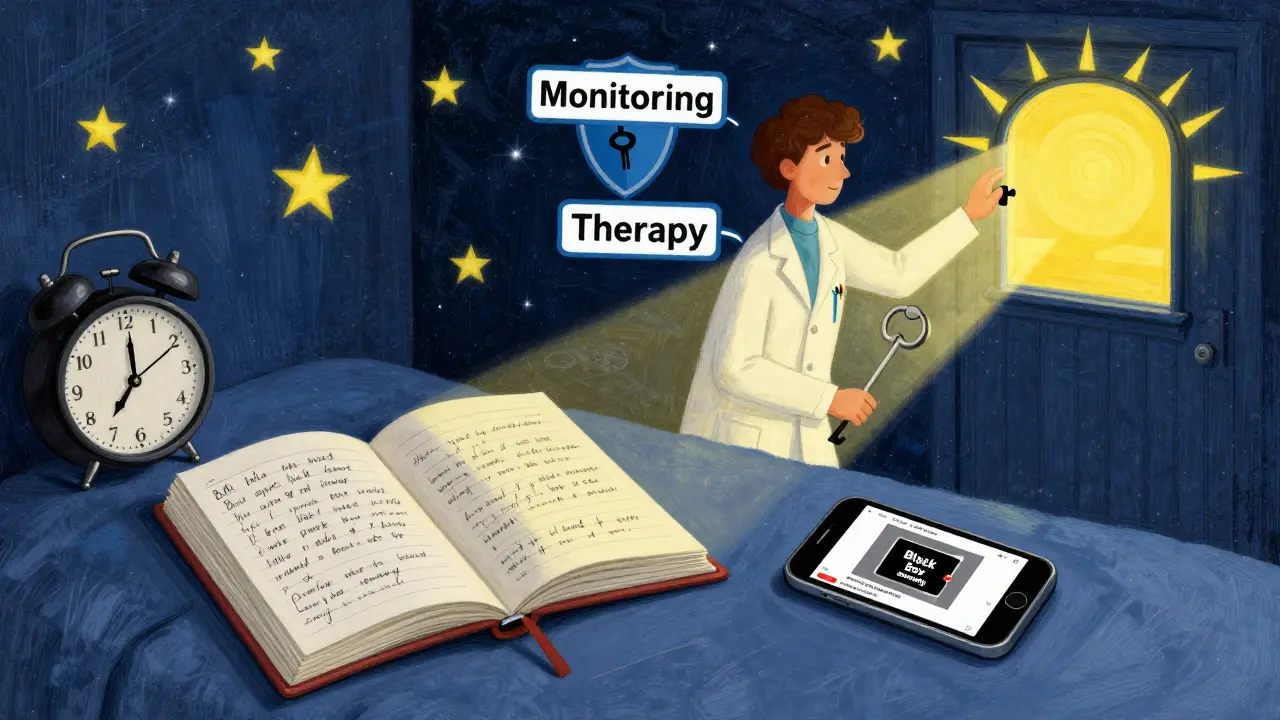 A teen's bedroom at night shows a warning on a phone, while a doctor figure unlocks a door of light above.