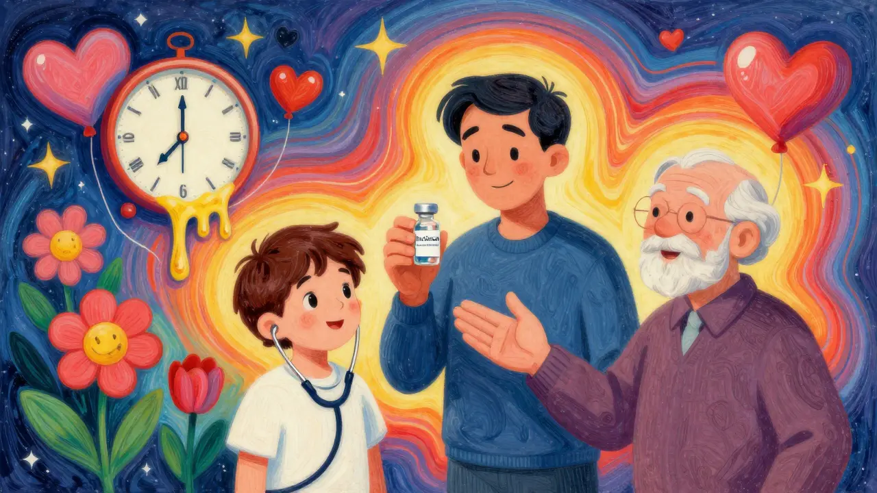 An adult holds an injection vial as younger and older versions of themselves smile beside them, with a melting clock turning into flowers.