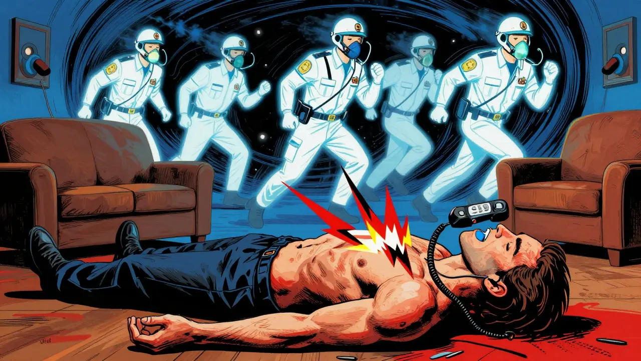 An unconscious man with blue lips as paramedics rush in, surrounded by swirling sirens and oxygen masks in a high-contrast emergency scene.