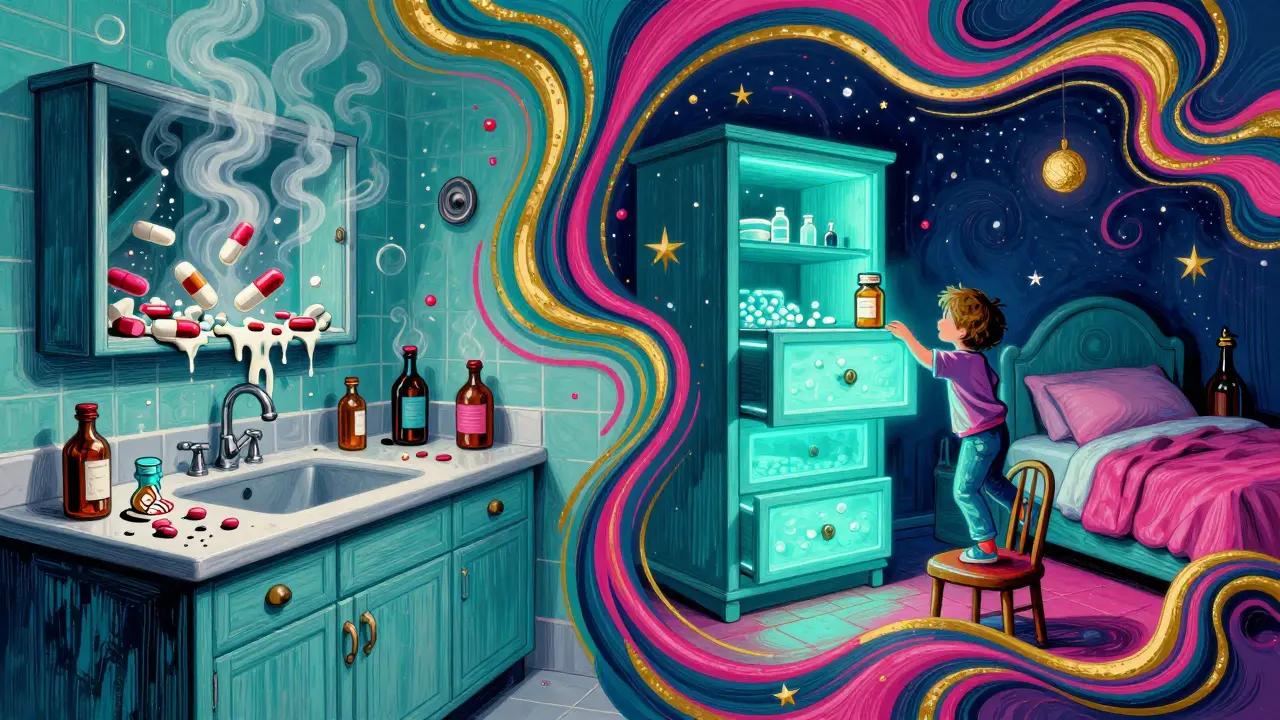 Contrasting scenes of dangerous bathroom storage and safe bedroom storage in a vibrant, swirling illustration.