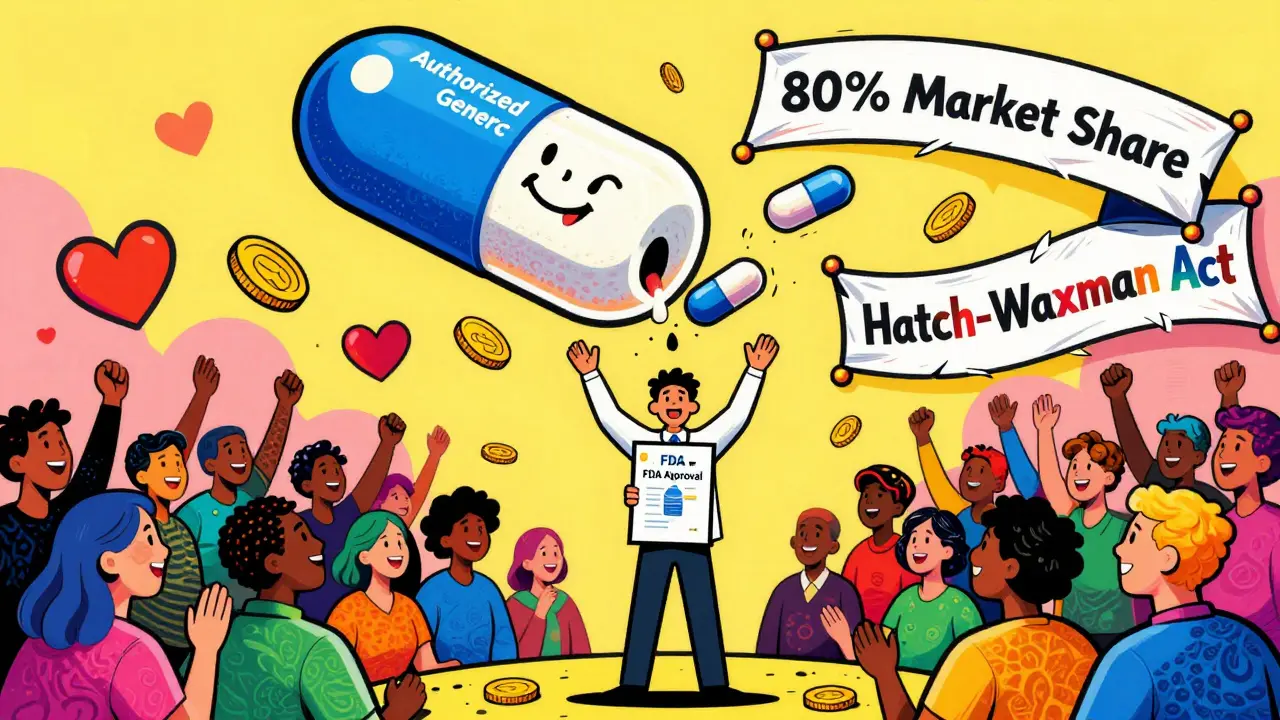 Generic company worker celebrating as brand company drops a twin pill from the sky.