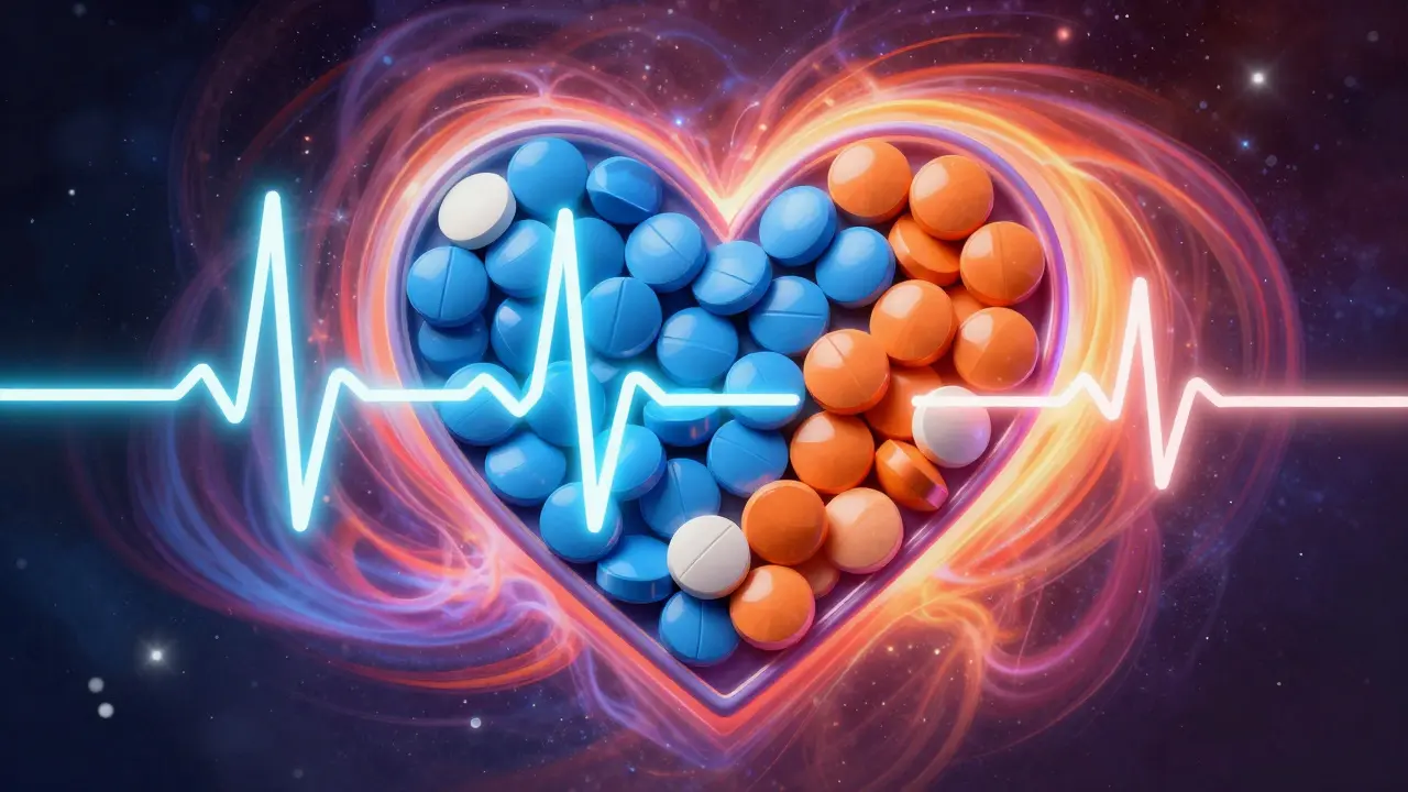 Heart monitor with ECG line and colored pills in cosmic swirls.