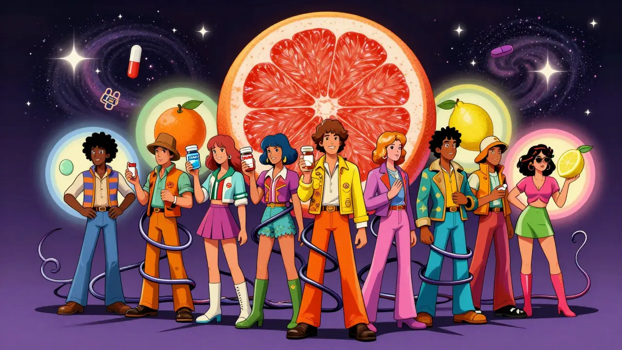 People holding medications as a giant grapefruit casts shadowy tendrils over them, with safe citrus fruits glowing nearby.