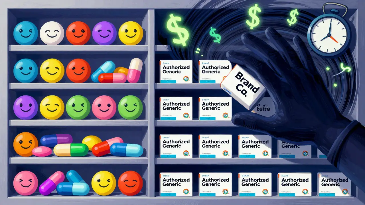 Pharmacy shelf with colorful generics vs identical branded pills under a shadowy hand.