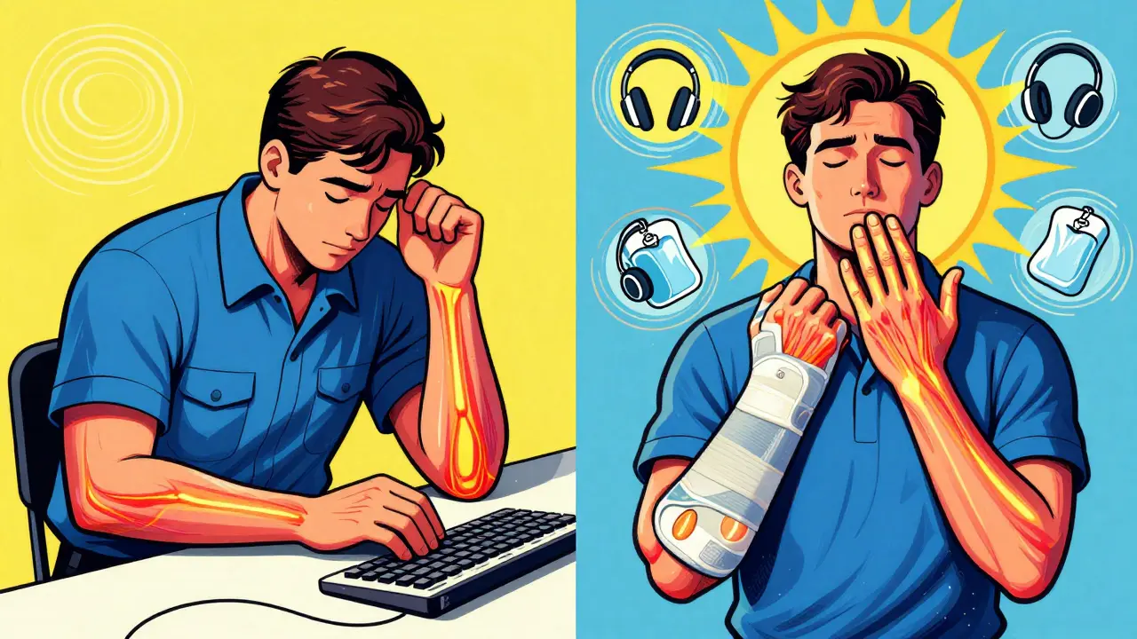 Split scene: left shows nerve compression at work, right shows recovery with splint and exercises, surrounded by ergonomic tools and radiant energy.