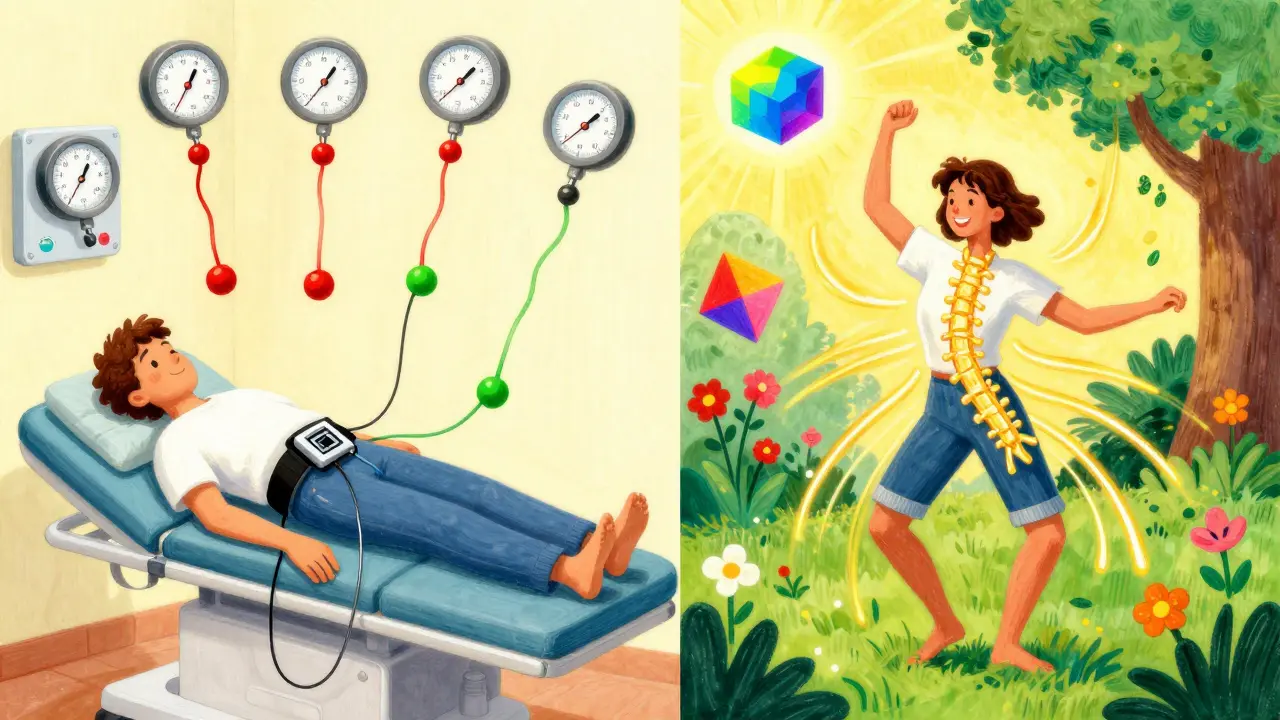 Split scene of a patient during trial stimulation and later enjoying life, with colorful pulses radiating from the spine.