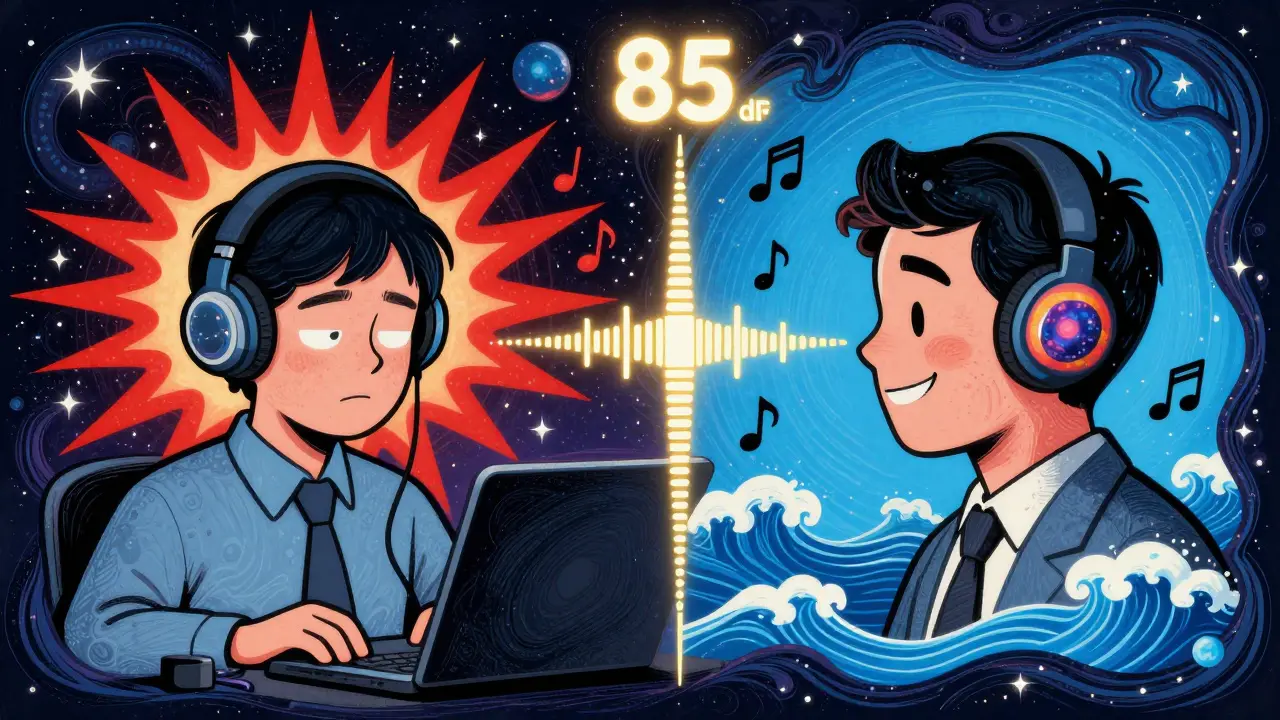 Split scene: one side shows harmful loud headphones, the other shows calm listening with galaxy-shaped earplugs.